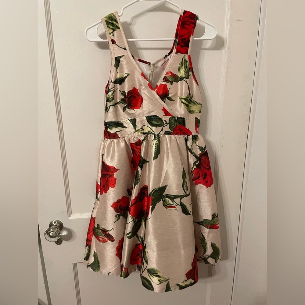 Eshakti Dupioni Champagne Rose Print Faux Wrap Tea Dress Petite M Elegant Floral